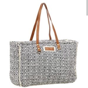 Woven Black & White weekender Tote Bag with Tan Handles by Myra Bags
